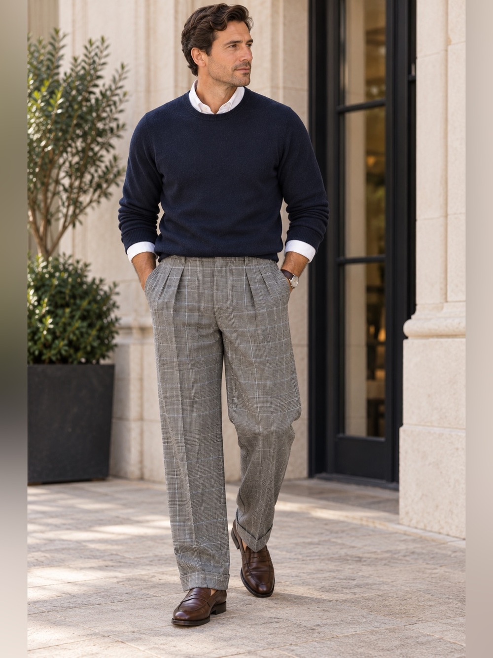 Polo Ralph Lauren Mens Plaid Pants Italy Silk Linen Wool Pleated Cuffed 36x30.5